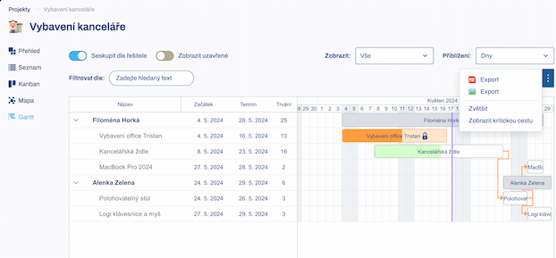 Menu na export Ganttovho diagramu